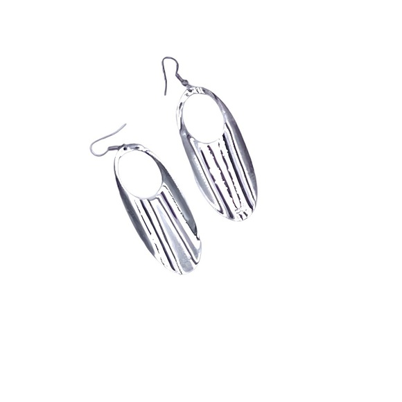 Sterling Silver Wave Pattern Oval Dangle Earrings – French Hook – 2" Length - Picture 6 of 8